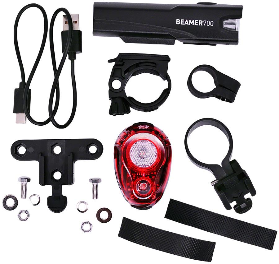 Planet Bike Beamer 700 + Rojo 100 Headlight and Taillight Set, 700/100 Lumen, USB Rechargable, Black